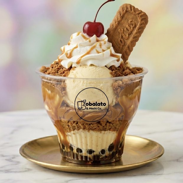 Biscoff Caramel Crunch Sundae in a glass cup