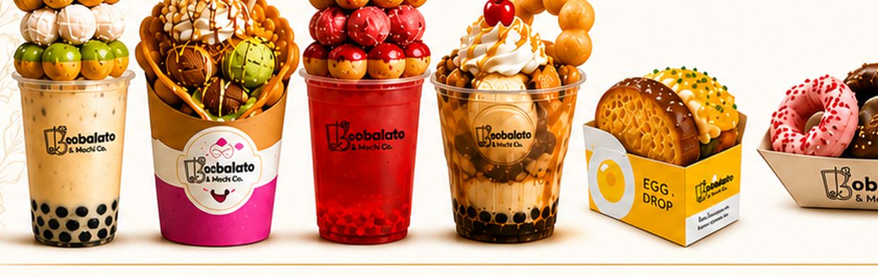 The full Bobalato line-up of drinks, sundaes, donuts and egg drop sandwiches