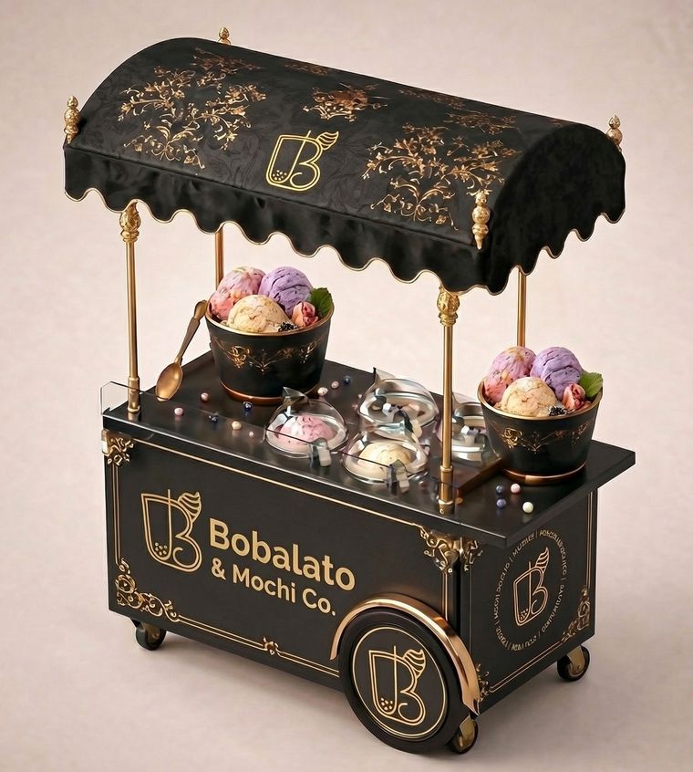 Bobalato's black and gold mobile gelato cart